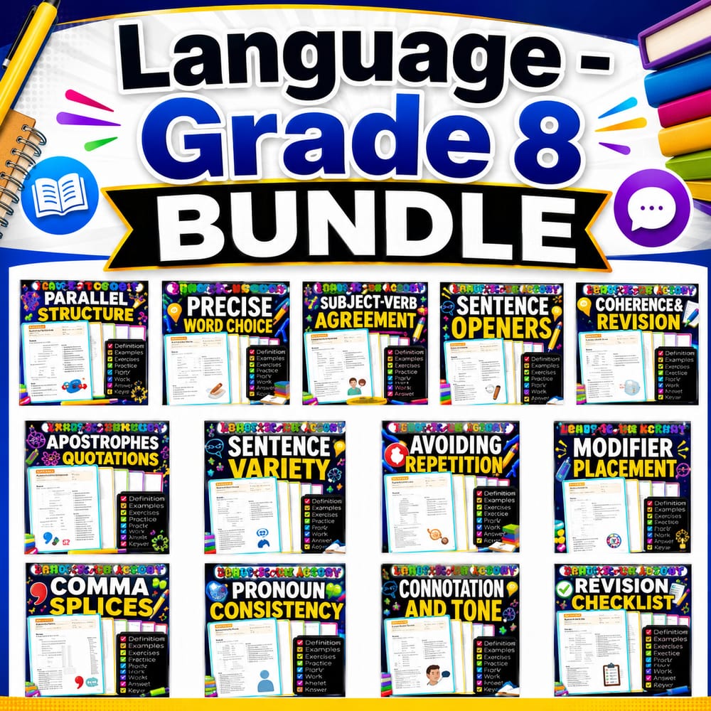Language Lesson Bundle for Grade 8 ELA | Alberta Writing & Grammar — bundle cover
