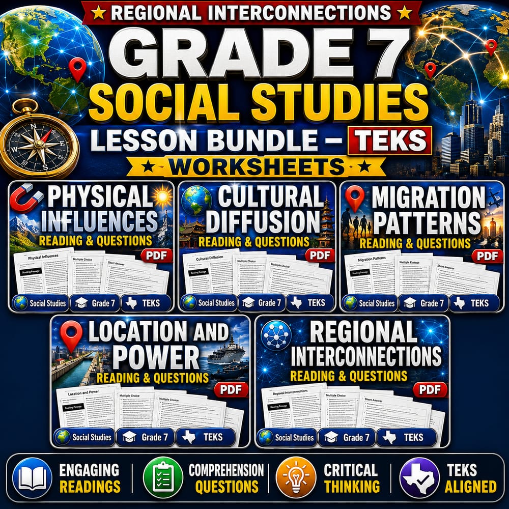 Regional Interconnections Grade 7 Social Studies Lesson Bundle – TEKS Worksheets — bundle cover