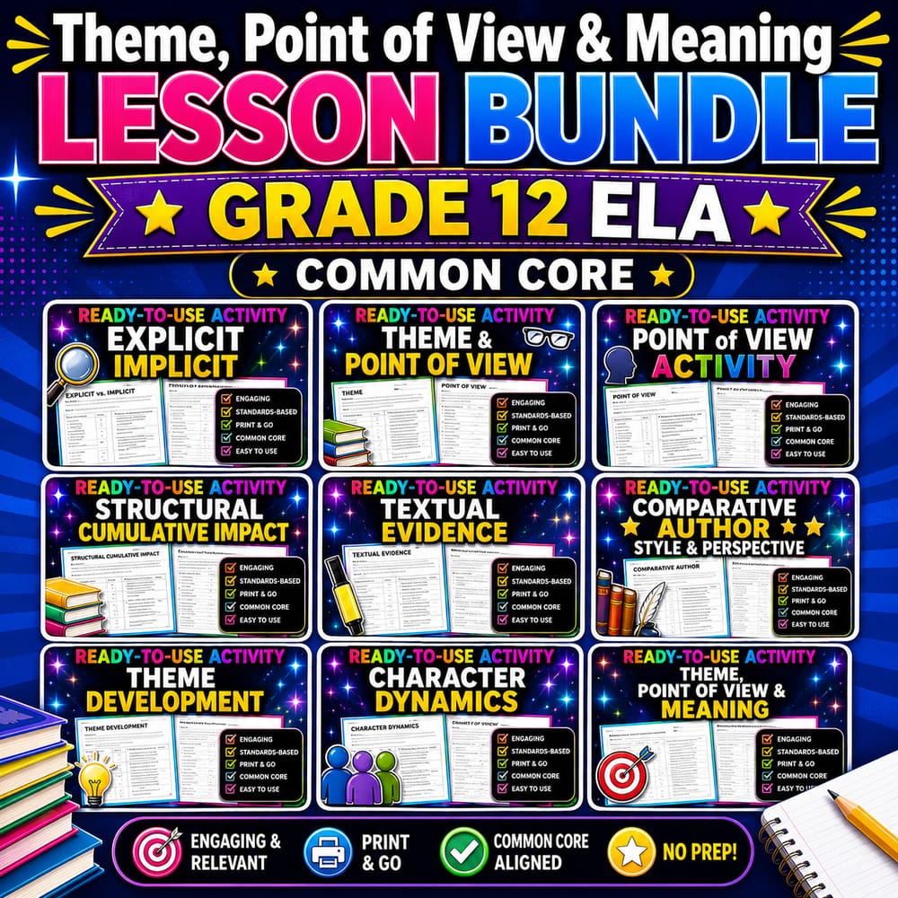Theme, Point of View & Meaning Lesson Bundle | Grade 12 ELA | Common Core — bundle cover