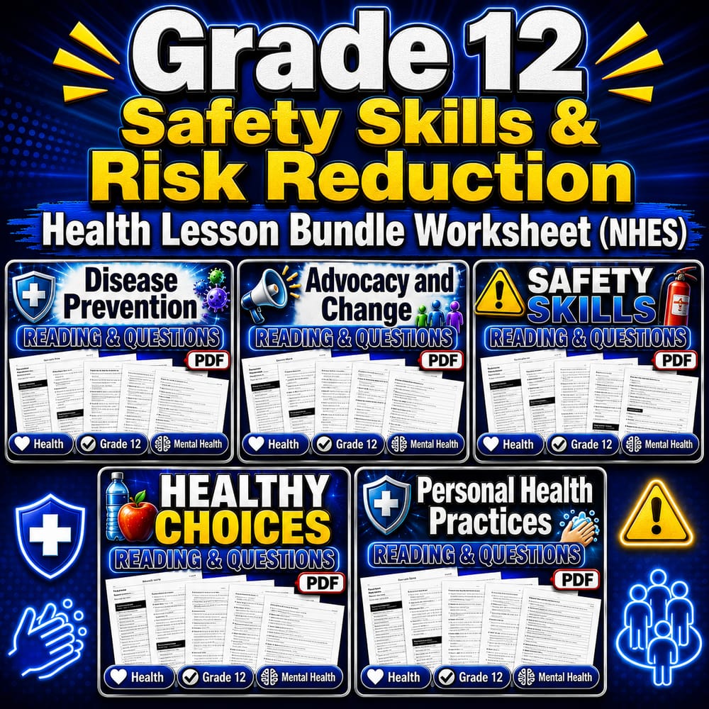 Grade 12 Safety Skills & Risk Reduction Health Lesson Bundle Worksheet (NHES) — bundle cover