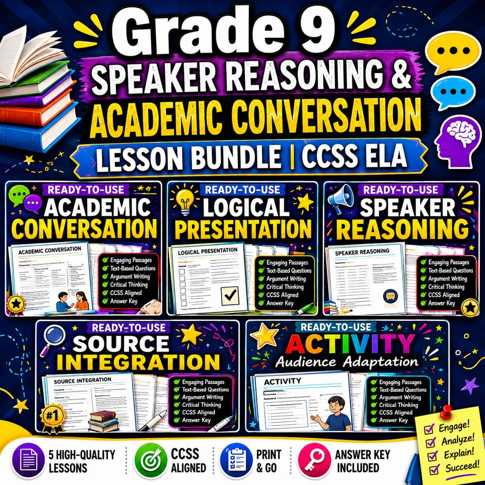 Grade 9 Speaker Reasoning & Academic Conversation Lesson Bundle | CCSS ELA — bundle cover