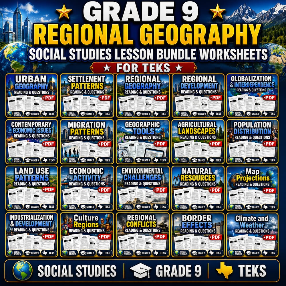 Grade 9 Regional Geography Social Studies Lesson Bundle Worksheets for TEKS — bundle cover