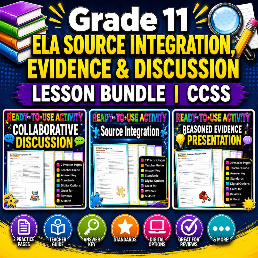 Grade 11 ELA Source Integration, Evidence & Discussion Lesson Bundle | CCSS — bundle cover