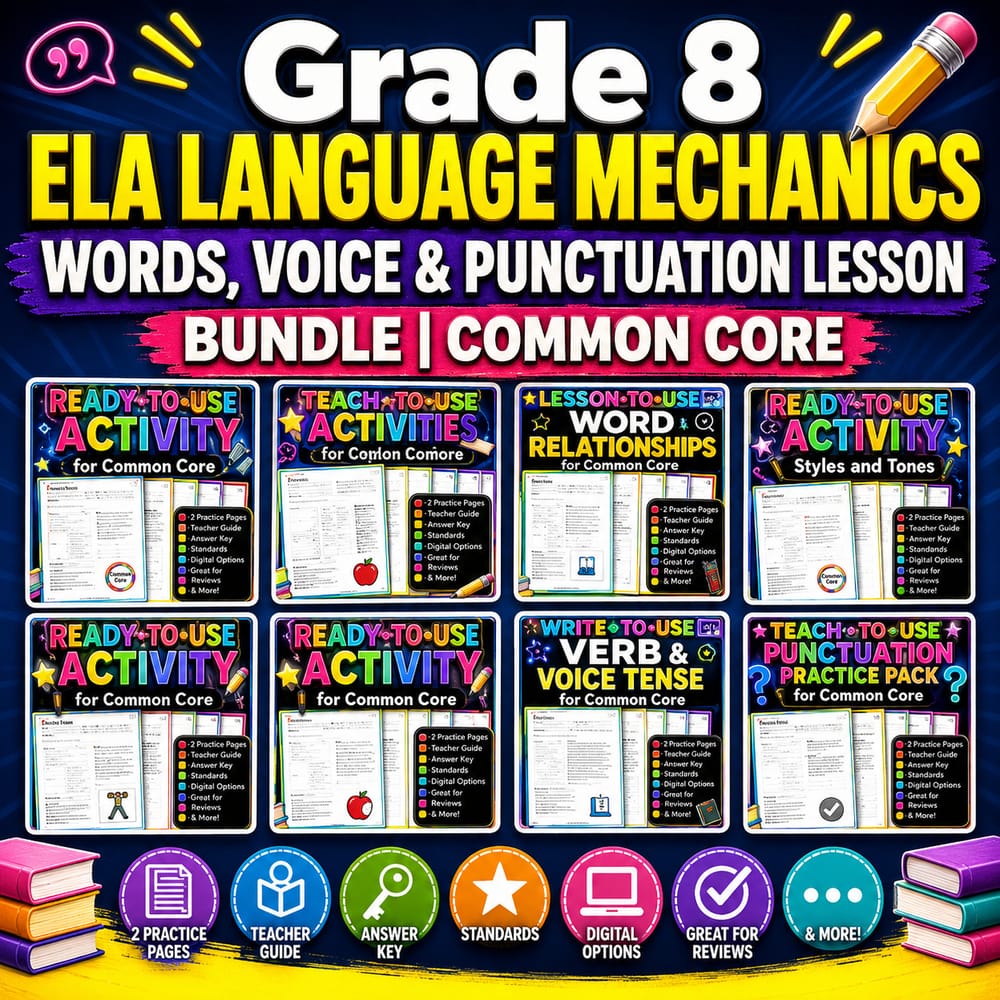 Grade 8 ELA Language Mechanics Words, Voice & Punctuation Lesson Bundle | Common Core — bundle cover