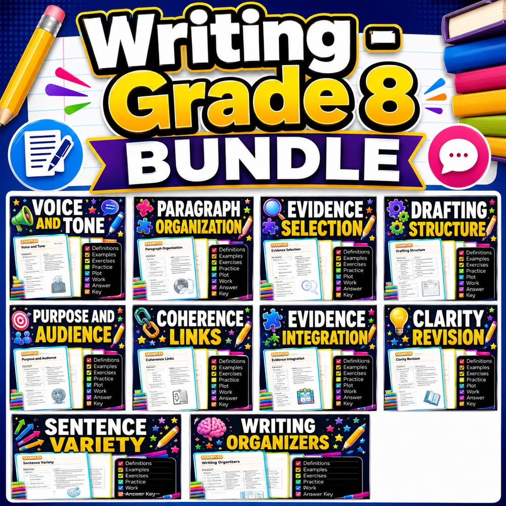 Grade 8 Writing Lesson Bundle | Alberta ELA: Voice, Evidence, Coherence — bundle cover