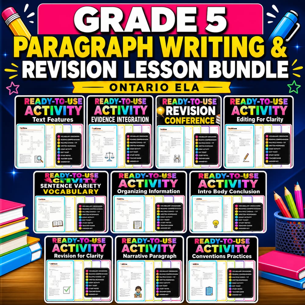 Grade 5 Paragraph Writing & Revision Lesson Bundle | Ontario ELA — bundle cover