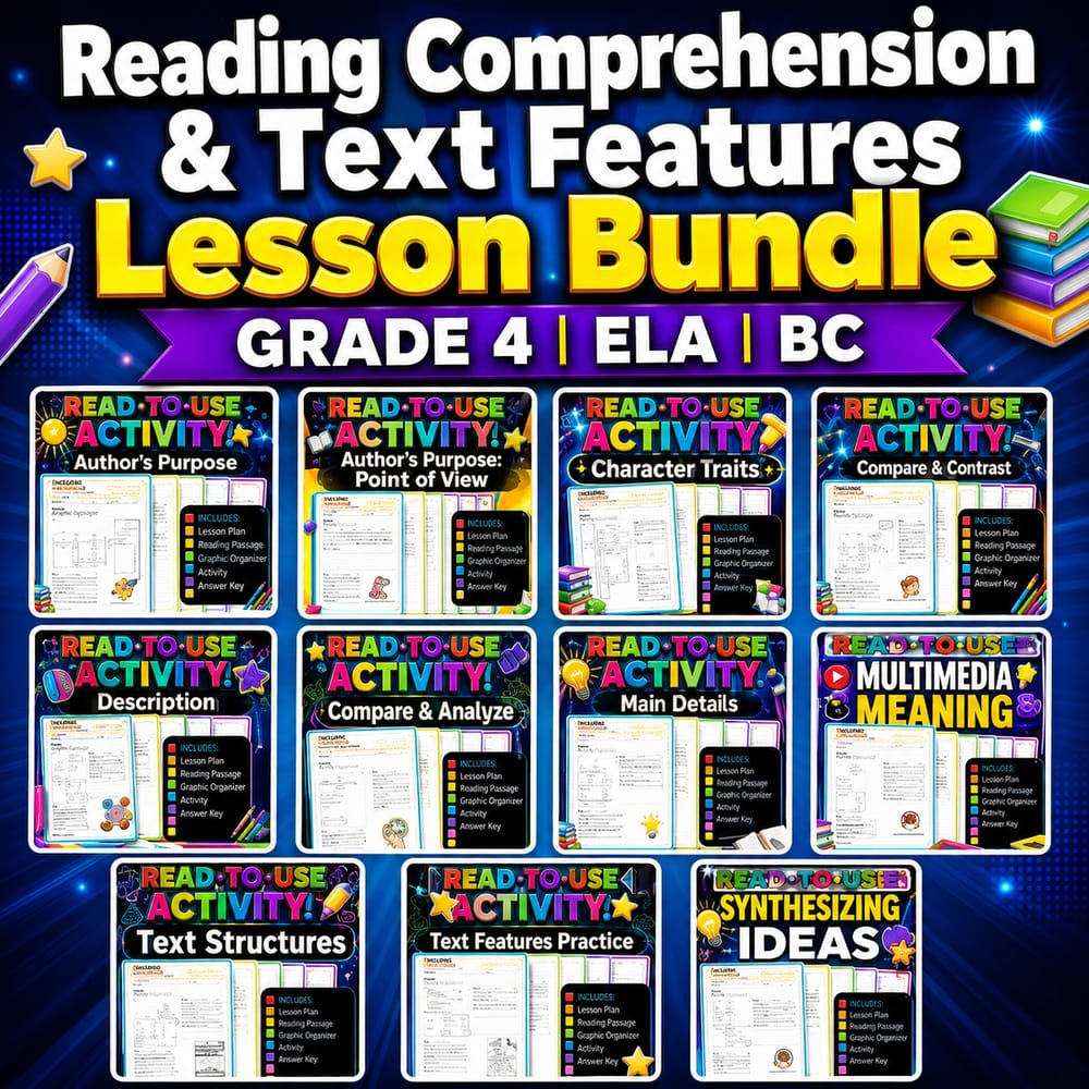 Reading Comprehension & Text Features Lesson Bundle | Grade 4 ELA | BC — bundle cover