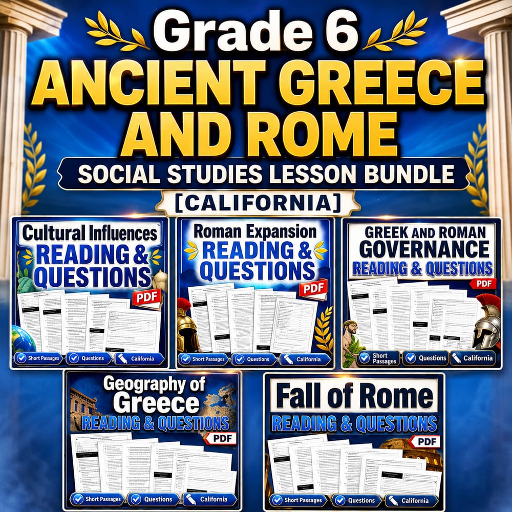 Grade 6 Ancient Greece and Rome Social Studies Lesson Bundle (California) — bundle cover