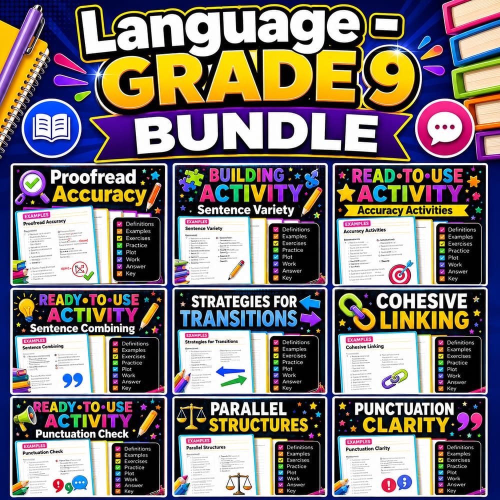 Grade 9 ELA Grammar & Cohesion Writing Lesson Bundle | Alberta — bundle cover