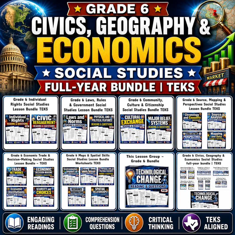 Grade 6 Civics, Geography & Economics Social Studies full-year bundle | TEKS — bundle cover