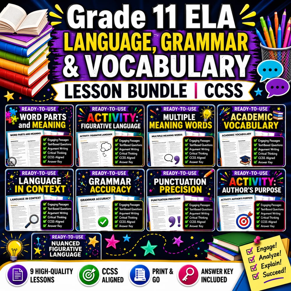Grade 11 ELA Language, Grammar & Vocabulary Lesson Bundle | CCSS — bundle cover