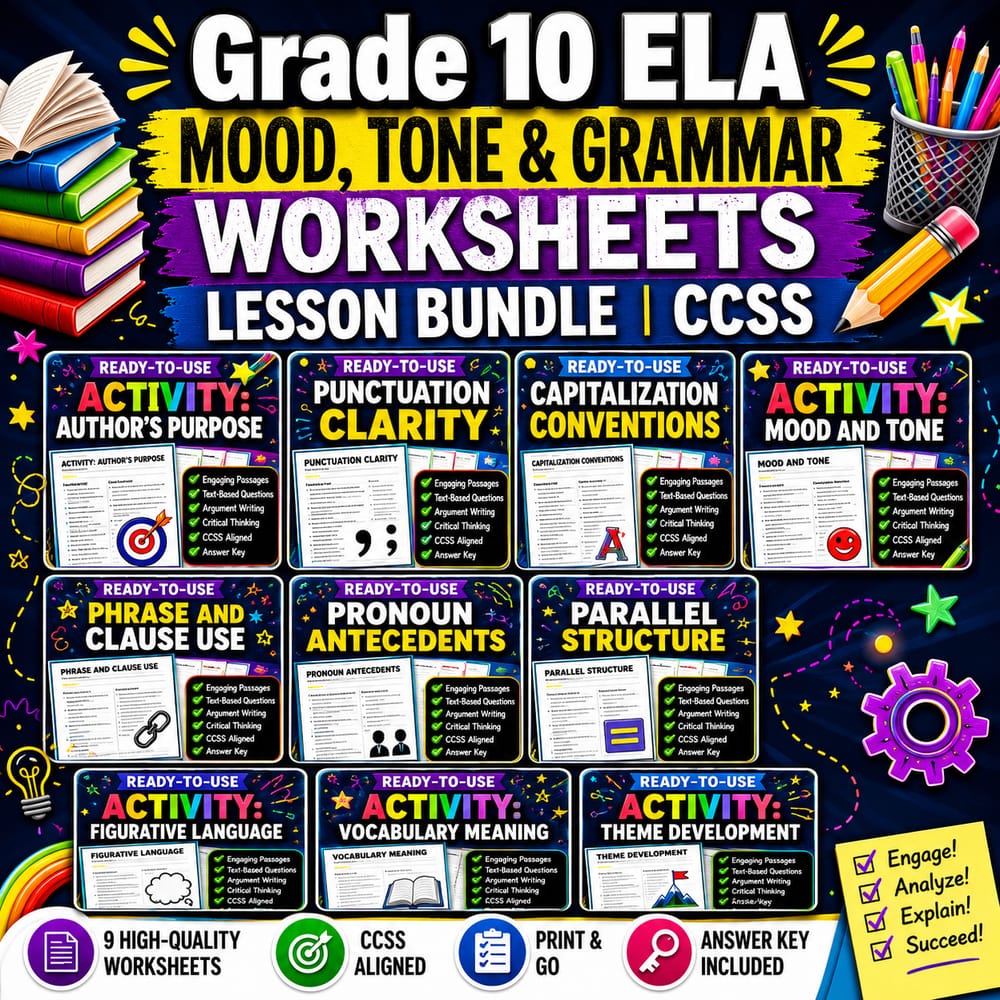 Grade 10 ELA Mood, Tone & Grammar Worksheets Lesson Bundle | CCSS — bundle cover