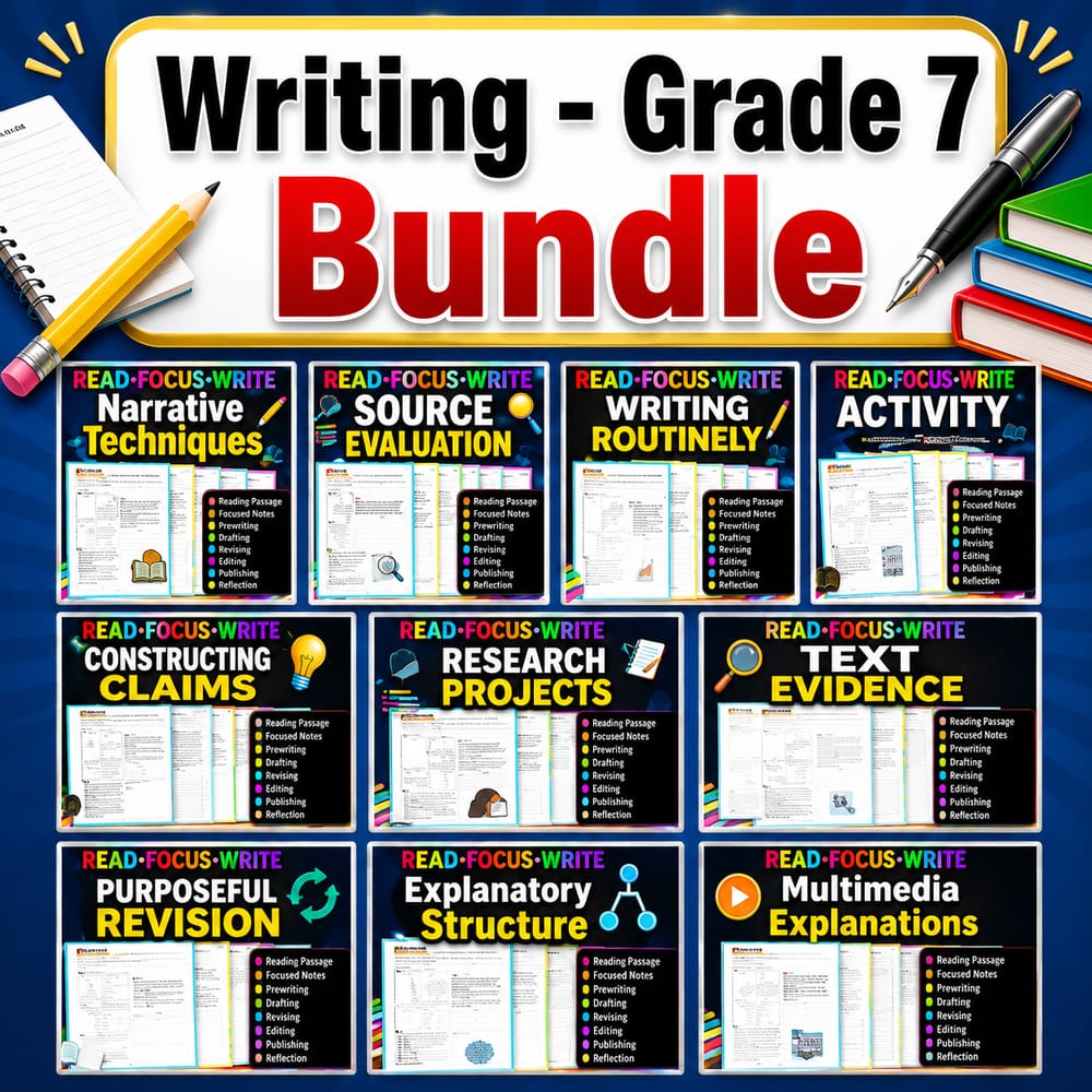 Grade 7 ELA Writing & Research Skills Lesson Bundle | CCSS — bundle cover