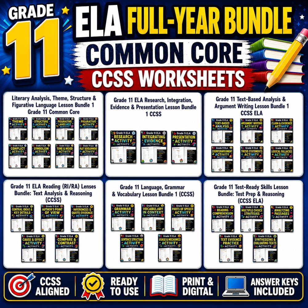 Grade 11 ELA Full-Year Bundle | Common Core CCSS Worksheets — bundle cover