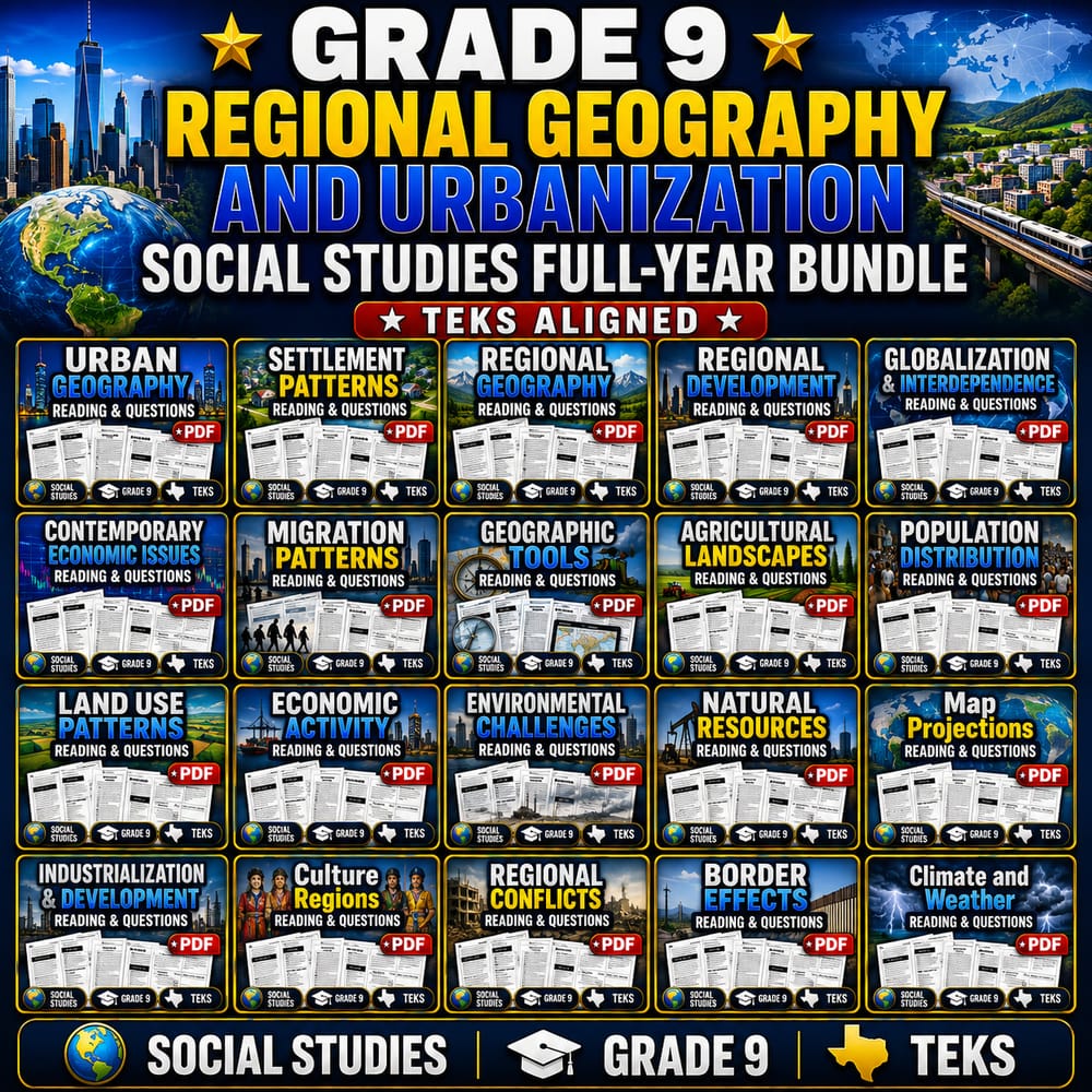 Grade 9 Regional Geography and Urbanization Social Studies full-year bundle TEKS — bundle cover
