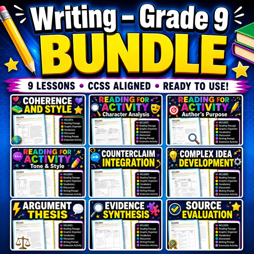 Grade 9 Writing Lesson Bundle | ELA | Common Core (CCSS) — bundle cover