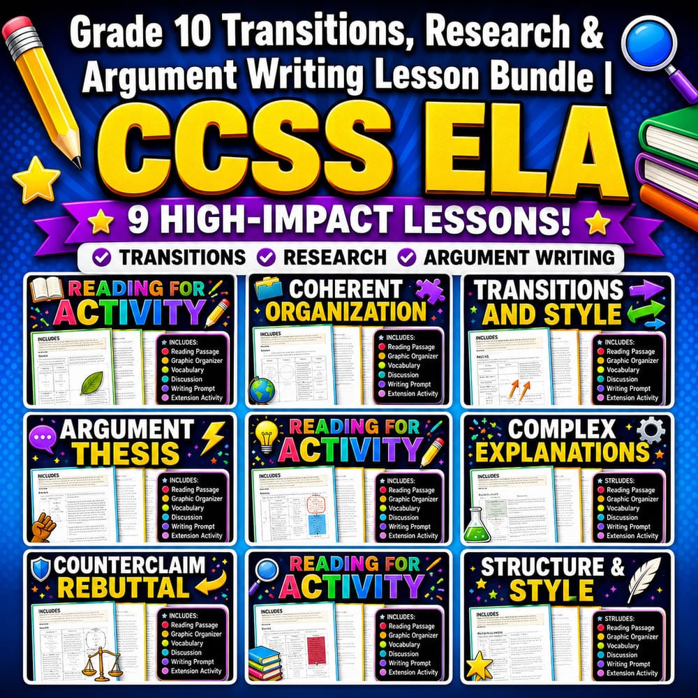 Grade 10 Transitions, Research & Argument Writing Lesson Bundle | CCSS ELA — bundle cover