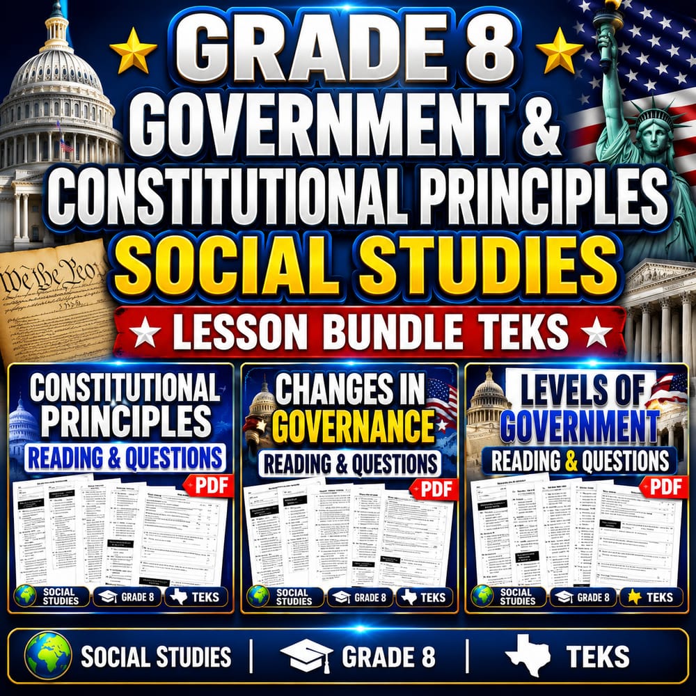 Grade 8 Government & Constitutional Principles Social Studies Lesson Bundle TEKS — bundle cover