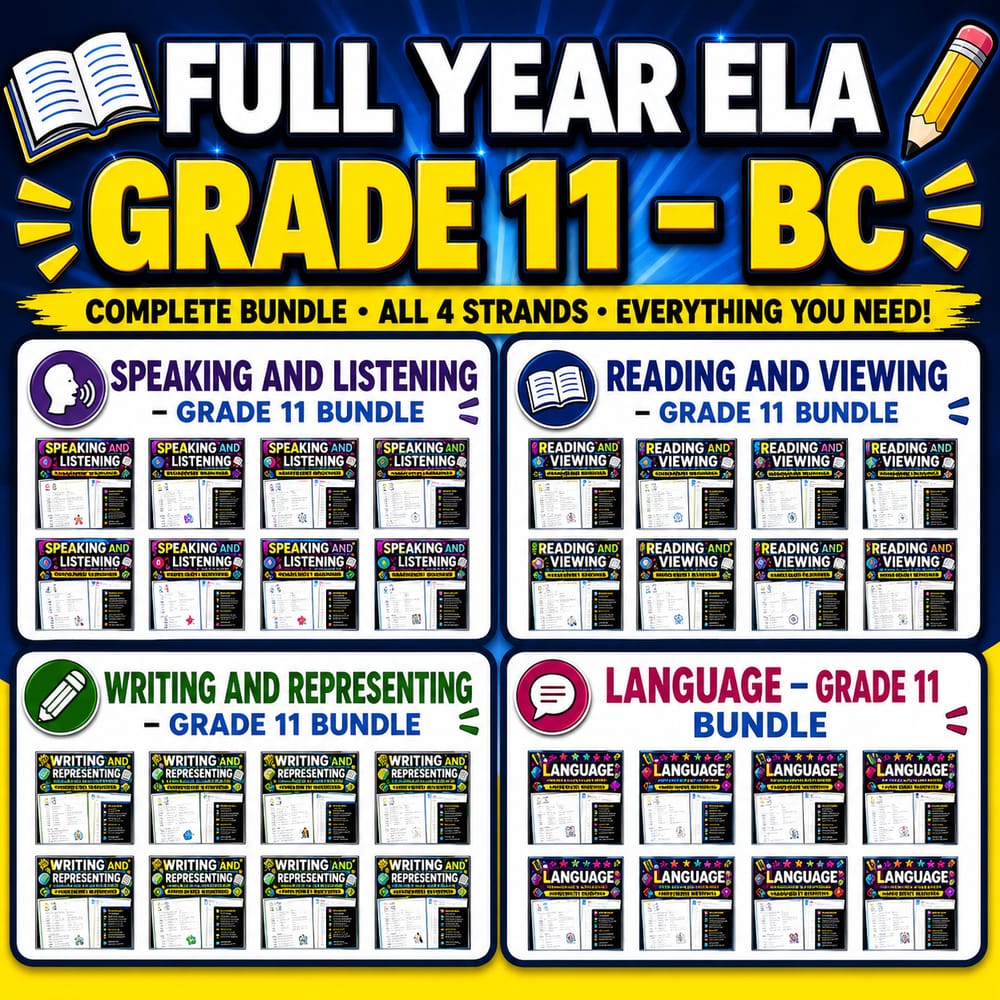 Grade 11 ELA Full-Year Worksheet Bundle | BC Framework — bundle cover