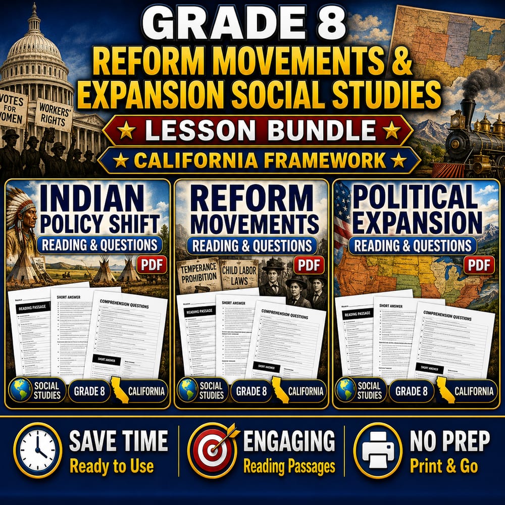 Grade 8 Reform Movements & Expansion Social Studies Lesson Bundle California — bundle cover