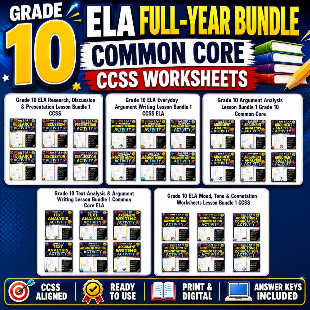 Grade 10 ELA Full-Year Bundle | Common Core CCSS Worksheets — bundle cover
