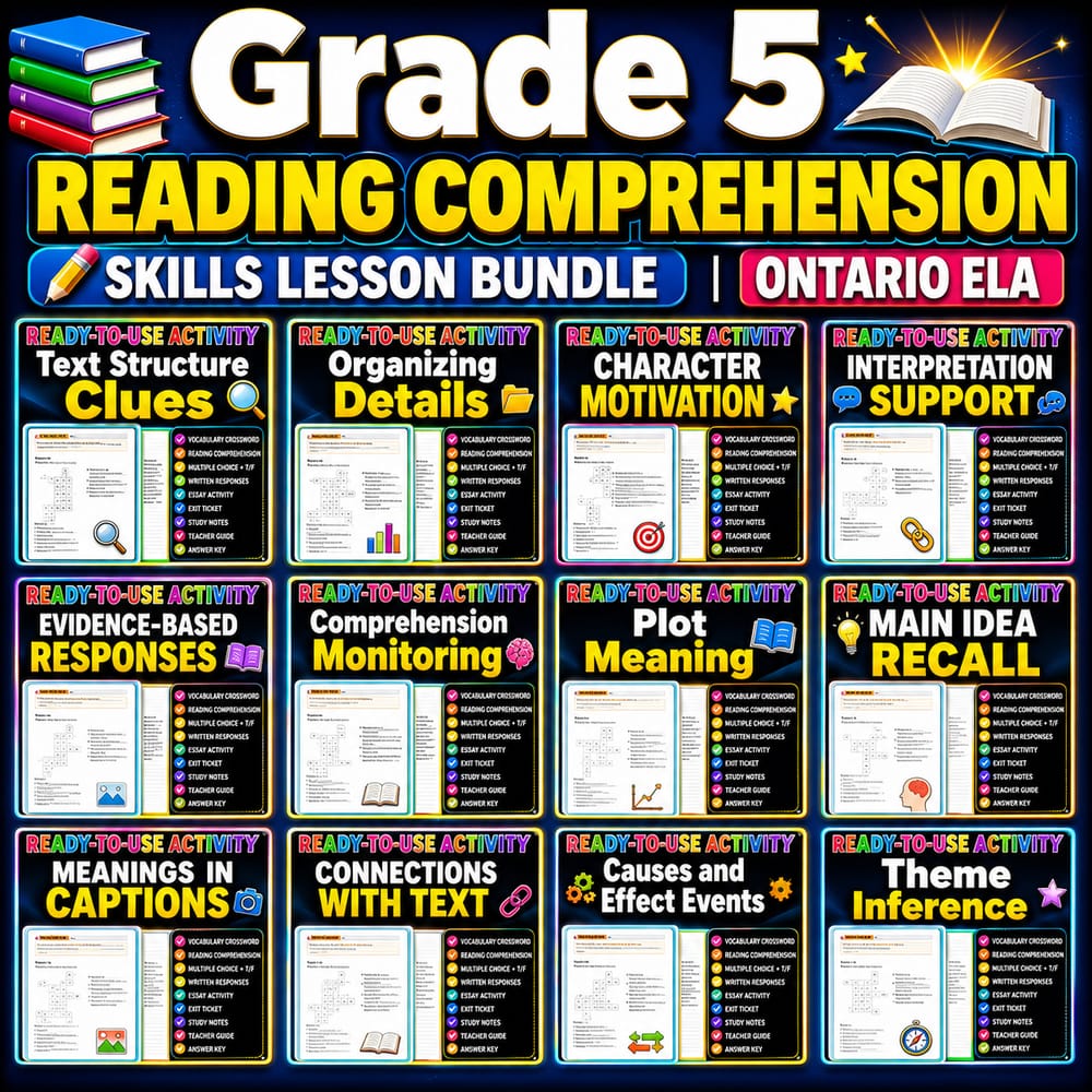 Grade 5 Reading Comprehension Skills Lesson Bundle | Ontario ELA — bundle cover