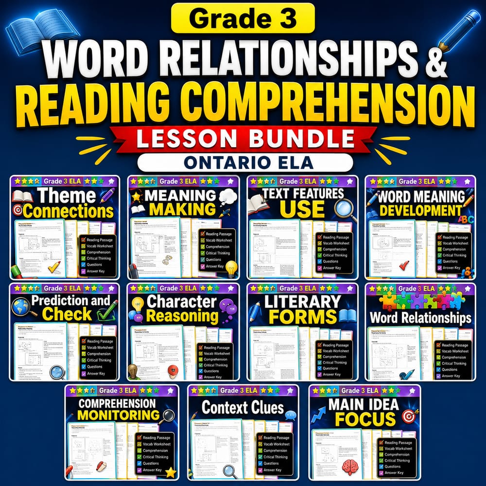 Grade 3 Word Relationships & Reading Comprehension Lesson Bundle | Ontario ELA — bundle cover