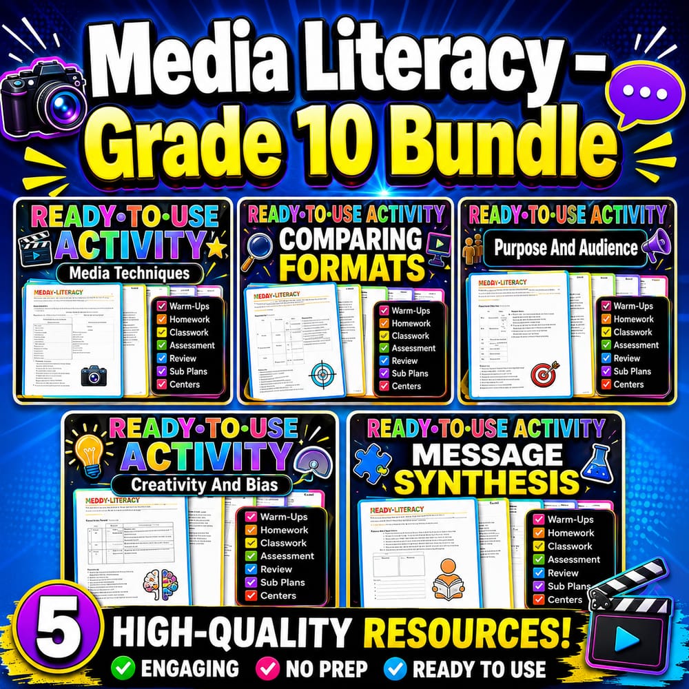 Media Literacy Purpose, Audience & Bias Lesson Bundle | Grade 10 ELA | BC — bundle cover
