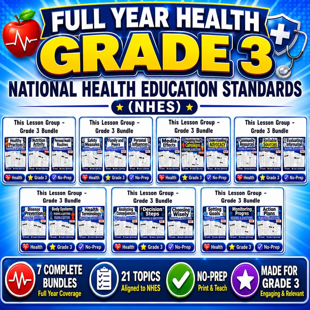 Grade 3 Health Skills and Decision-Making Full-Year Bundle | NHES Worksheet Pack — bundle cover