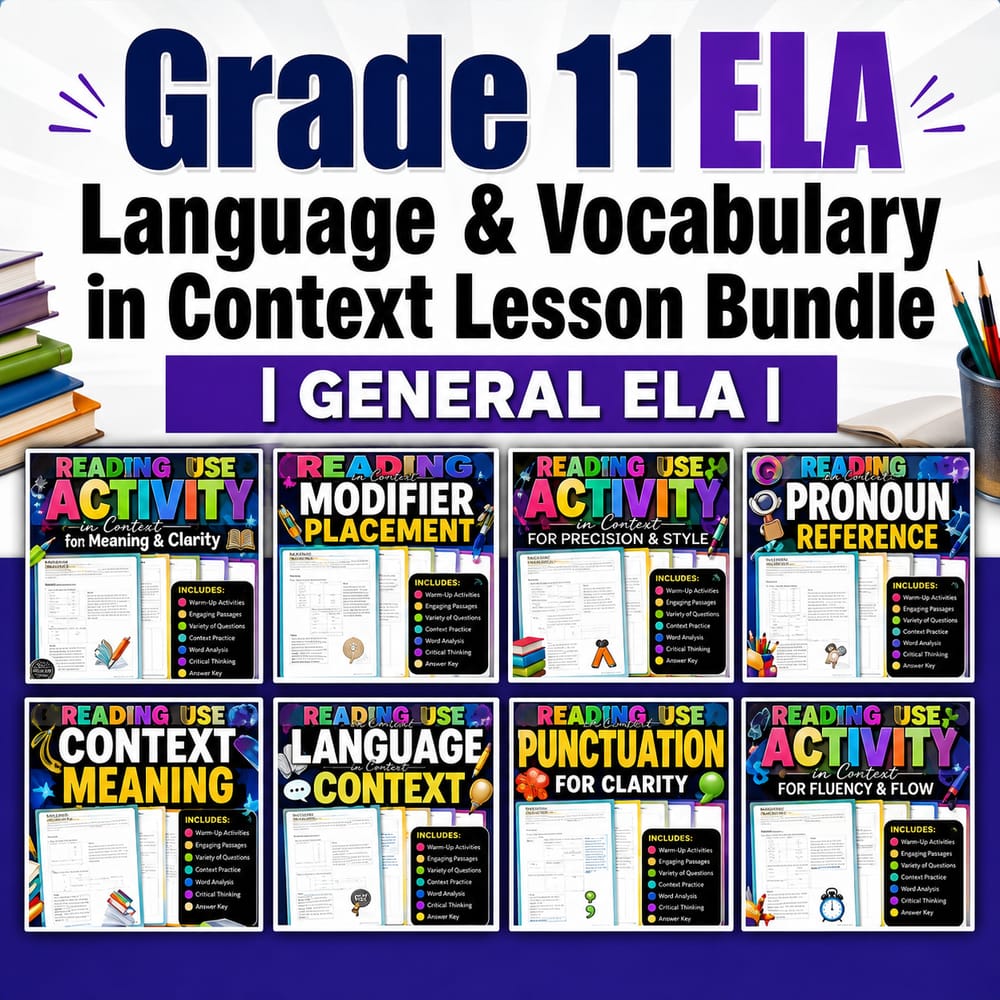 Grade 11 ELA Language & Vocabulary in Context Lesson Bundle | General ELA — bundle cover