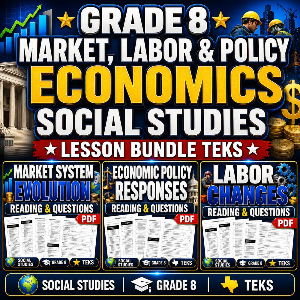 Grade 8 Market, Labor & Policy Economics Social Studies Lesson Bundle TEKS — bundle cover