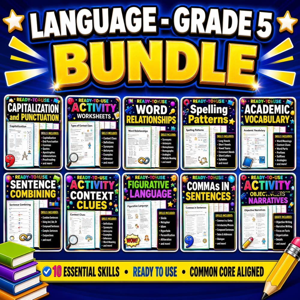 Grade 5 Language Lesson Bundle | General ELA Vocabulary & Writing — bundle cover