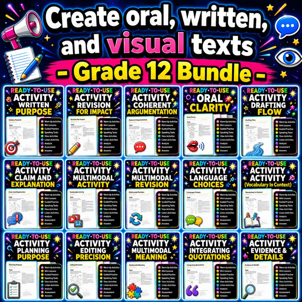 Create Oral, Written, and Visual Texts Lesson Bundle | Grade 12 ELA Alberta — bundle cover