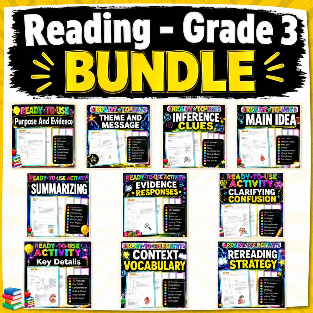 Theme, Main Idea & Evidence Reading Comprehension Lesson Bundle | Grade 3 ELA | Alberta — bundle cover