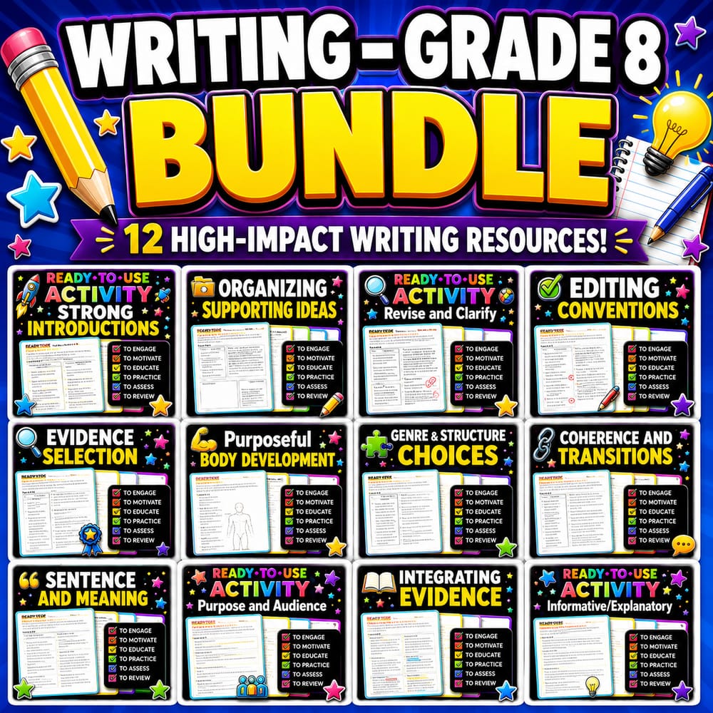Grade 8 Writing Lesson Bundle | BC ELA Framework for Argument & Narrative — bundle cover