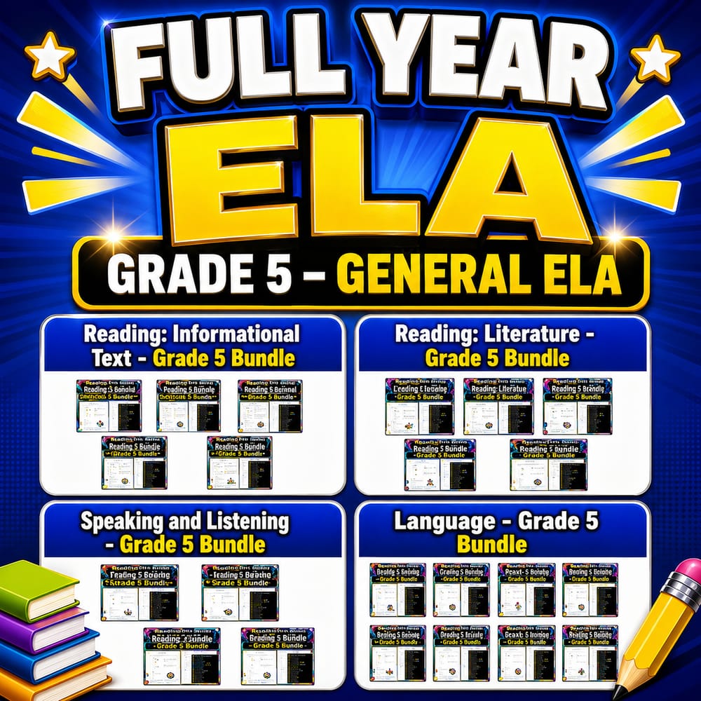 Grade 5 ELA Worksheets Full-Year Bundle | General ELA Framework — bundle cover