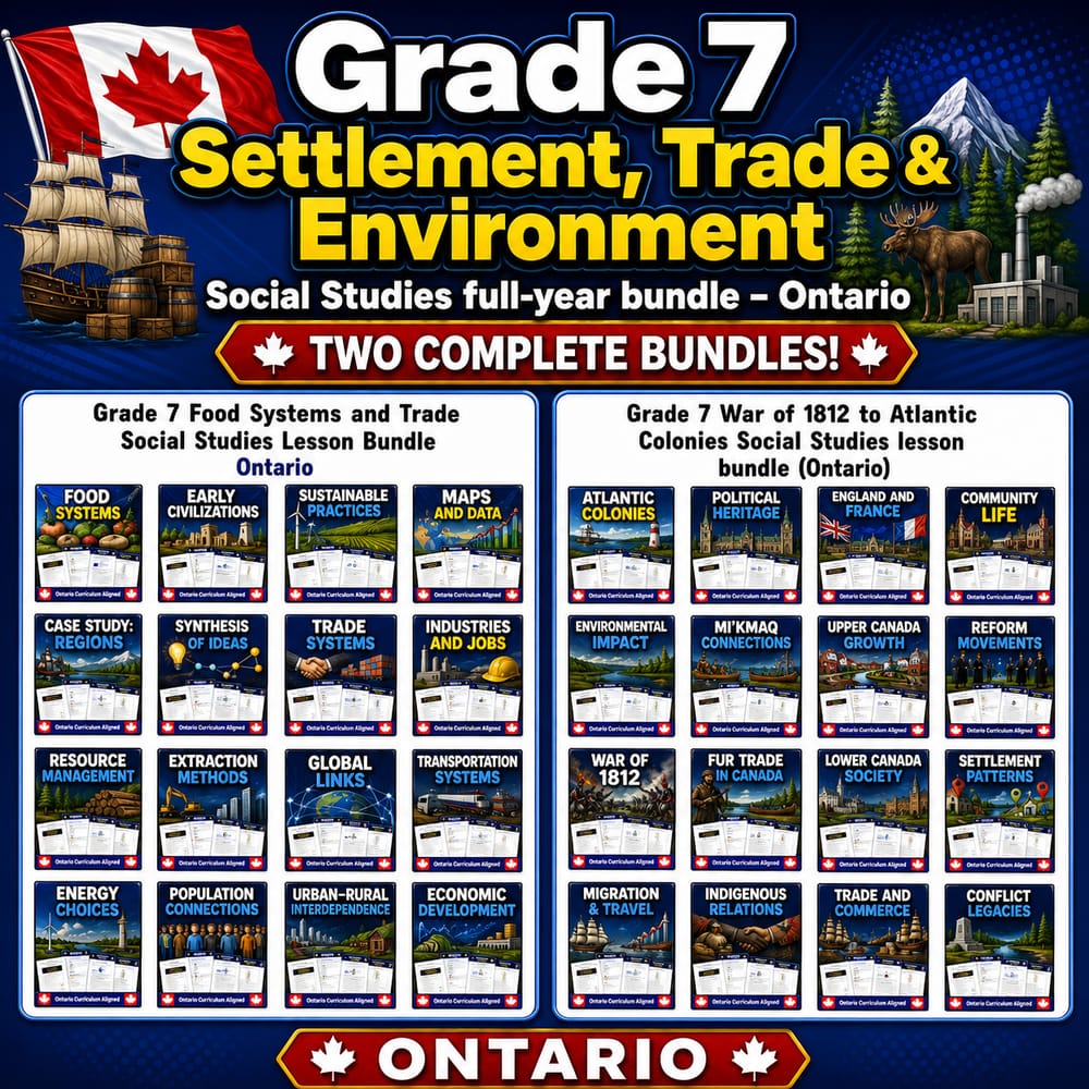 Grade 7 Settlement, Trade & Environment Social Studies full-year bundle – Ontario — bundle cover