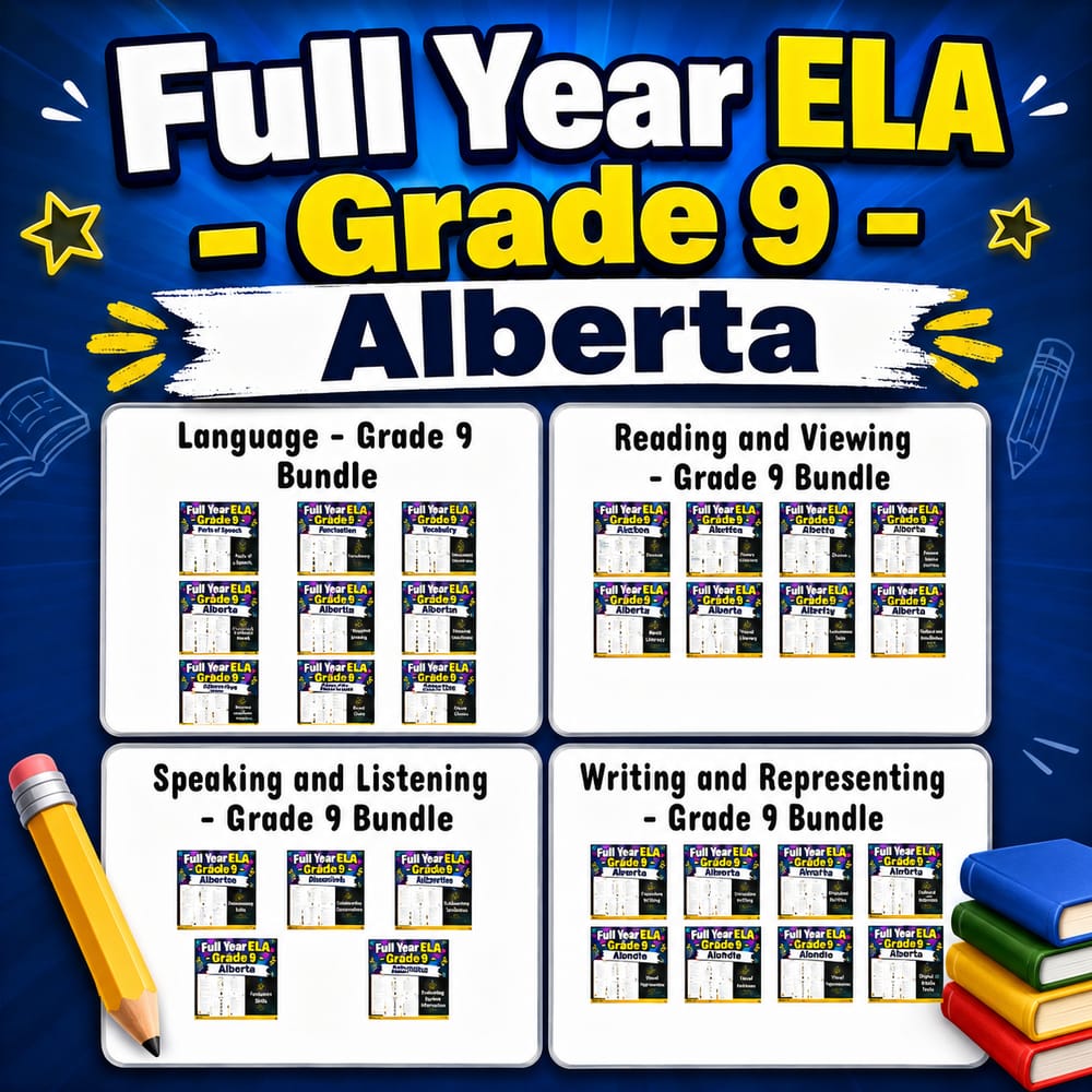 Grade 9 ELA Full-Year Bundle | Alberta | Worksheet Packs — bundle cover