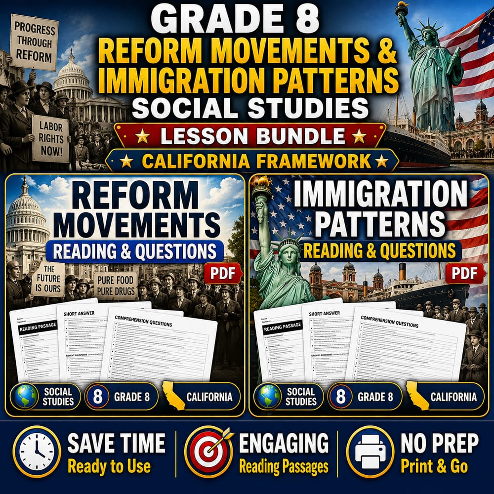 Grade 8 Reform Movements and Immigration Patterns Social Studies Lesson Bundle California — bundle cover