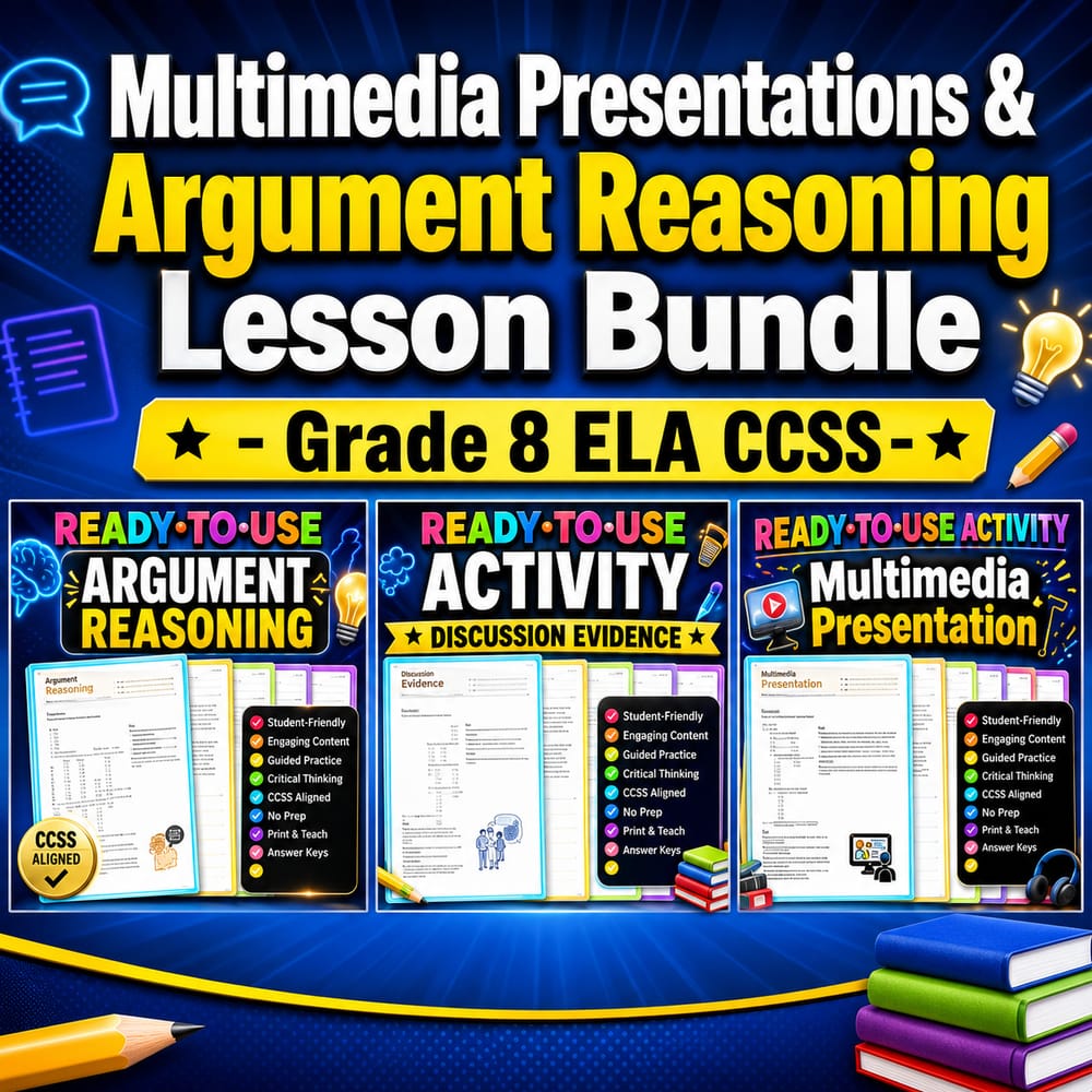 Multimedia Presentations & Argument Reasoning Lesson Bundle – Grade 8 ELA CCSS — bundle cover