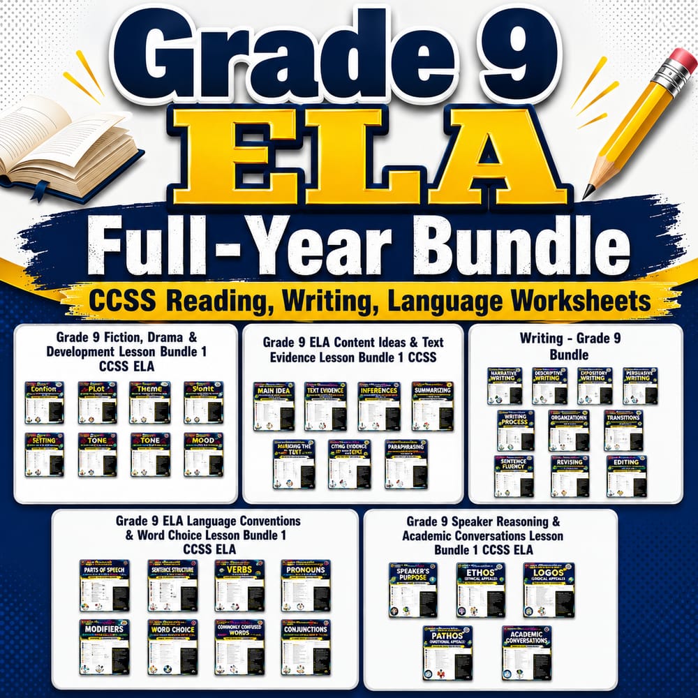 Grade 9 ELA Full-Year Bundle | CCSS Reading, Writing, Language Worksheets — bundle cover
