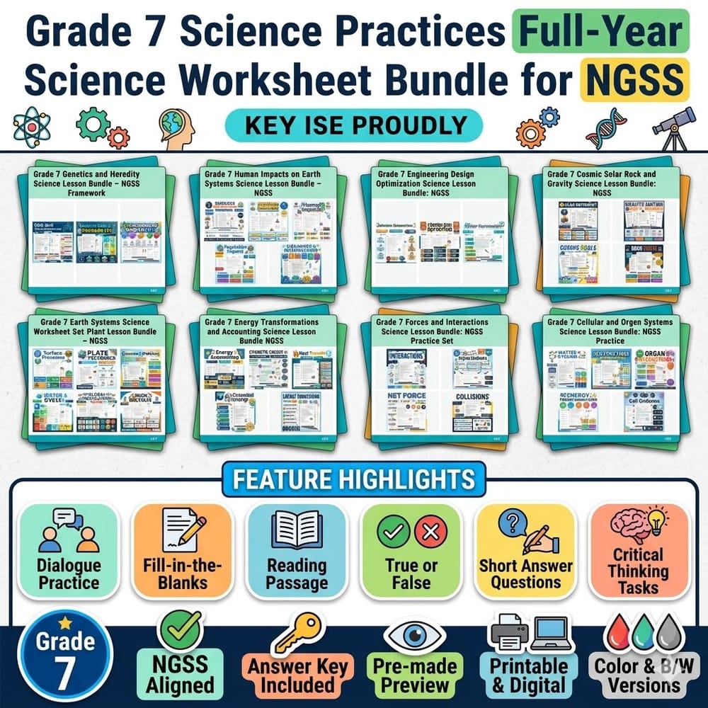 Grade 7 Science Practices Full-Year Science Worksheet Bundle for NGSS — bundle cover
