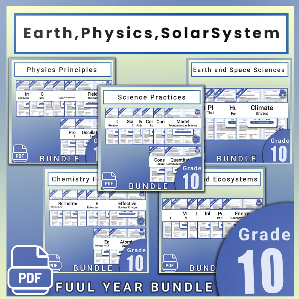 Grade 10 Science Full Year Bundle | AP Curriculum & Earth, Physics, Solar System — bundle cover