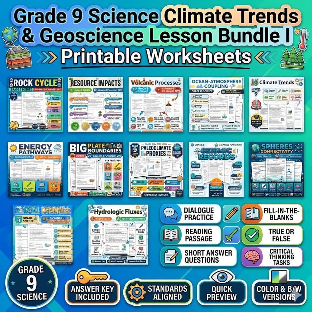 Grade 9 Science Climate Trends & Geoscience Lesson Bundle | Printable Worksheets — bundle cover