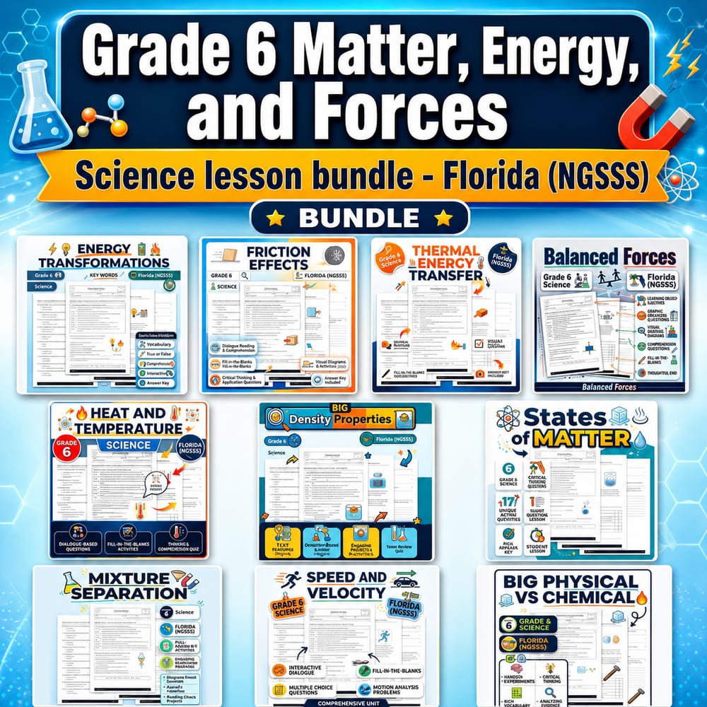 Grade 6 Matter, Energy, and Forces Science lesson bundle – Florida (NGSSS) — bundle cover