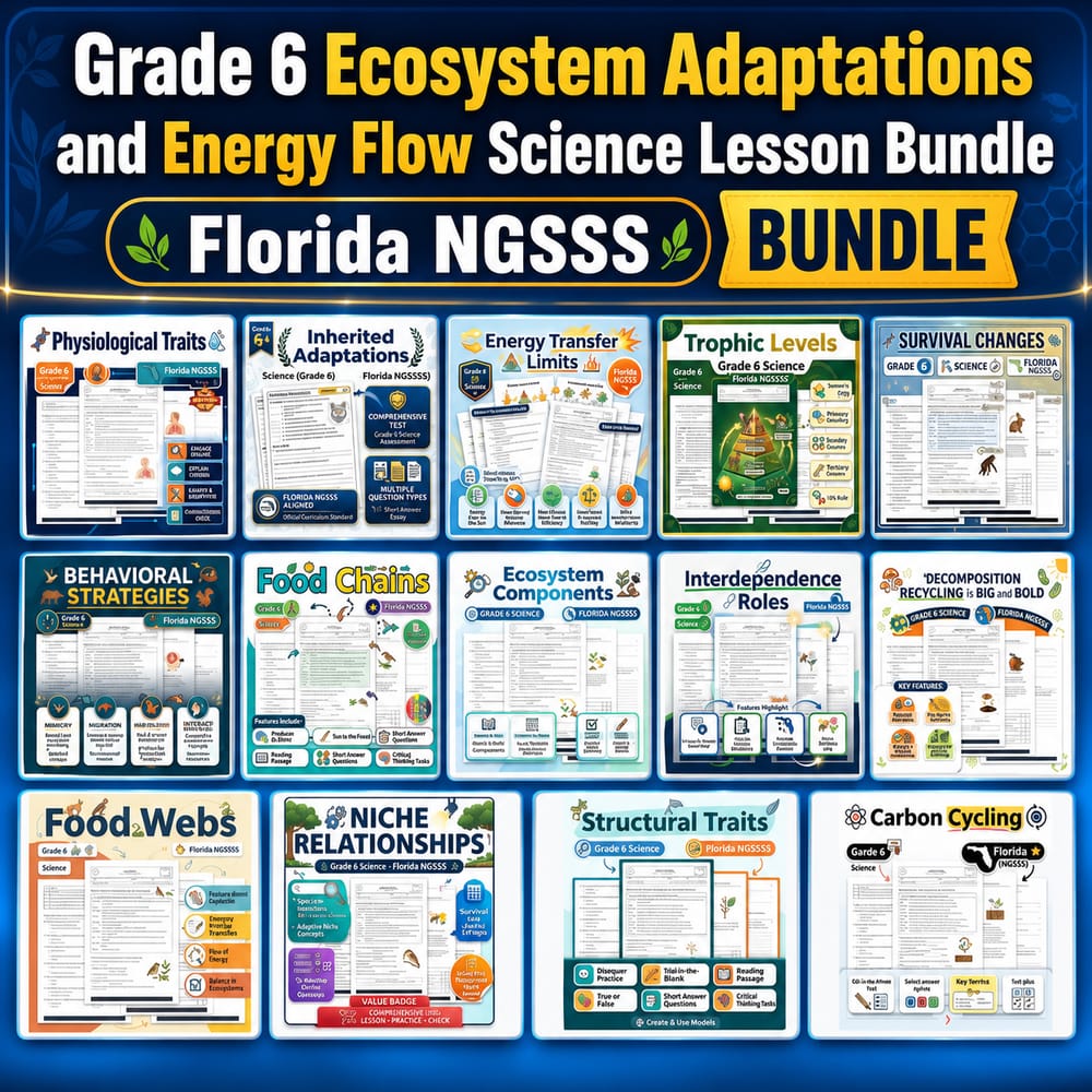 Grade 6 Ecosystem Adaptations and Energy Flow Science Lesson Bundle | Florida NGSSS — bundle cover