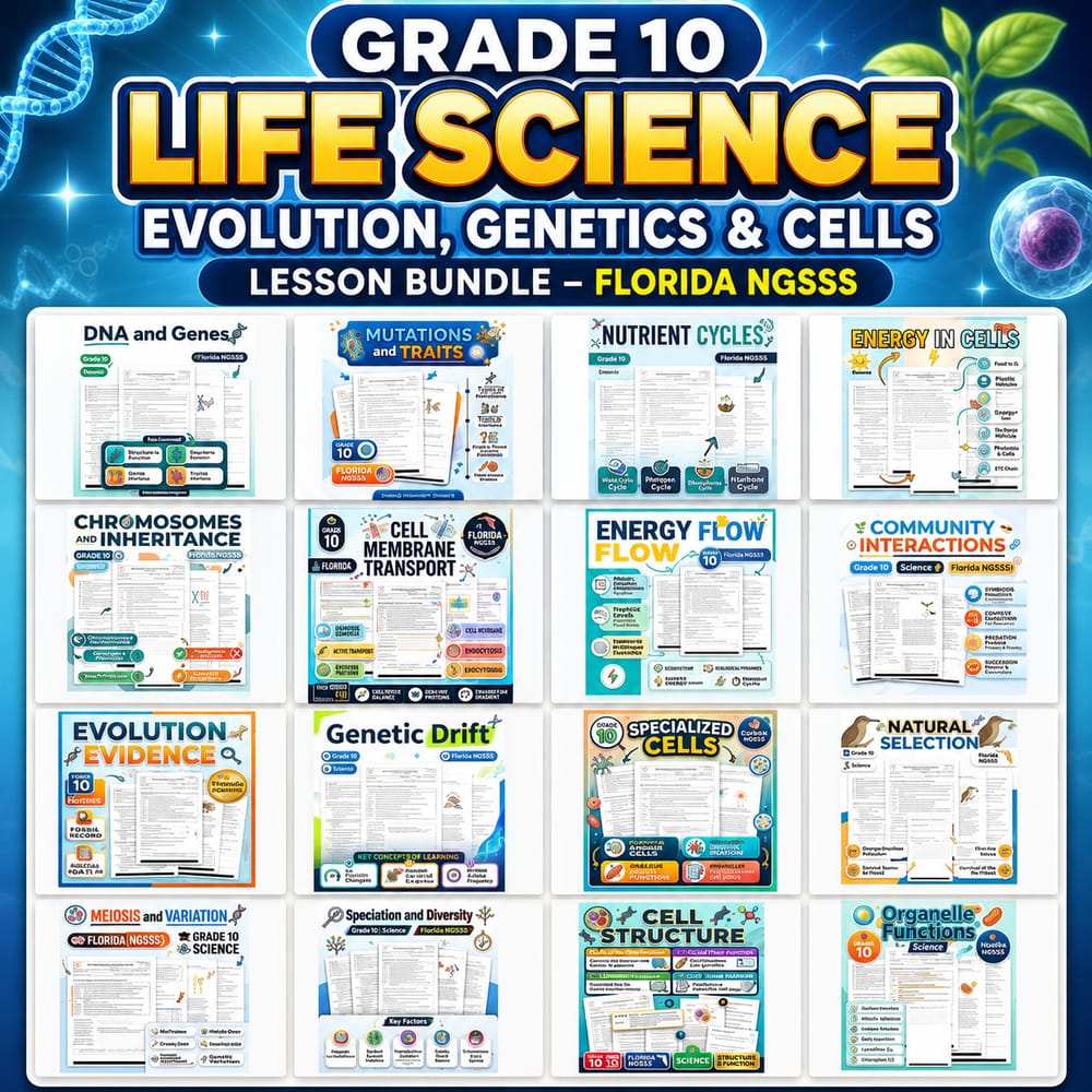 Grade 10 Life Science Evolution, Genetics & Cells Lesson Bundle – Florida NGSSS — bundle cover