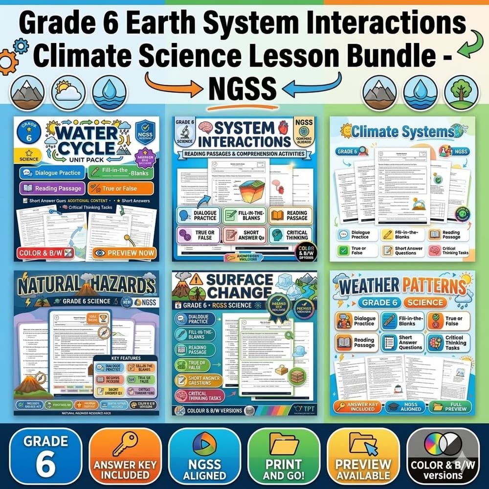 Grade 6 Earth System Interactions Climate Science Lesson Bundle – NGSS — bundle cover