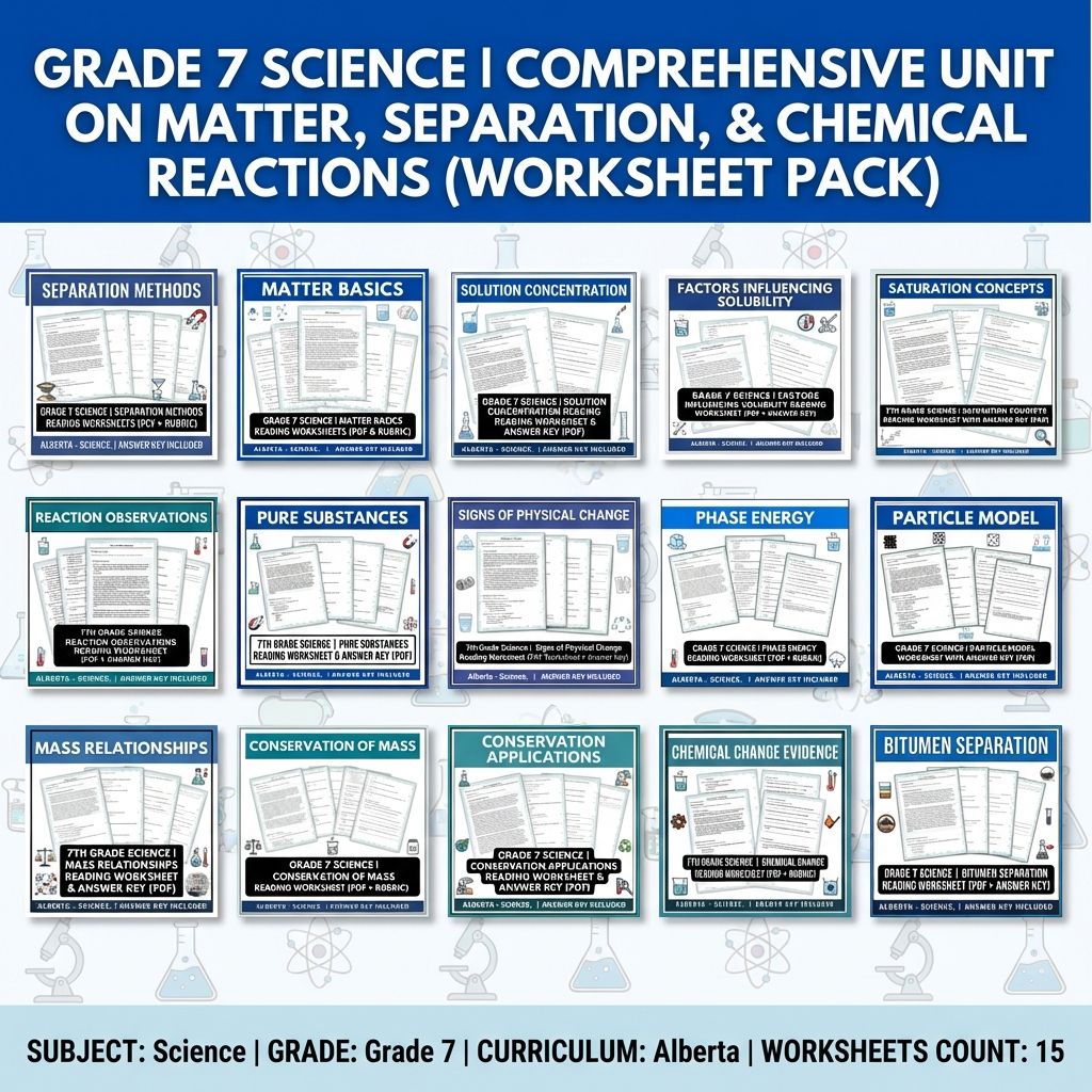 Grade 7 Science UNIT Worksheet Bundle | Matter, Solutions & Physical Changes — bundle cover