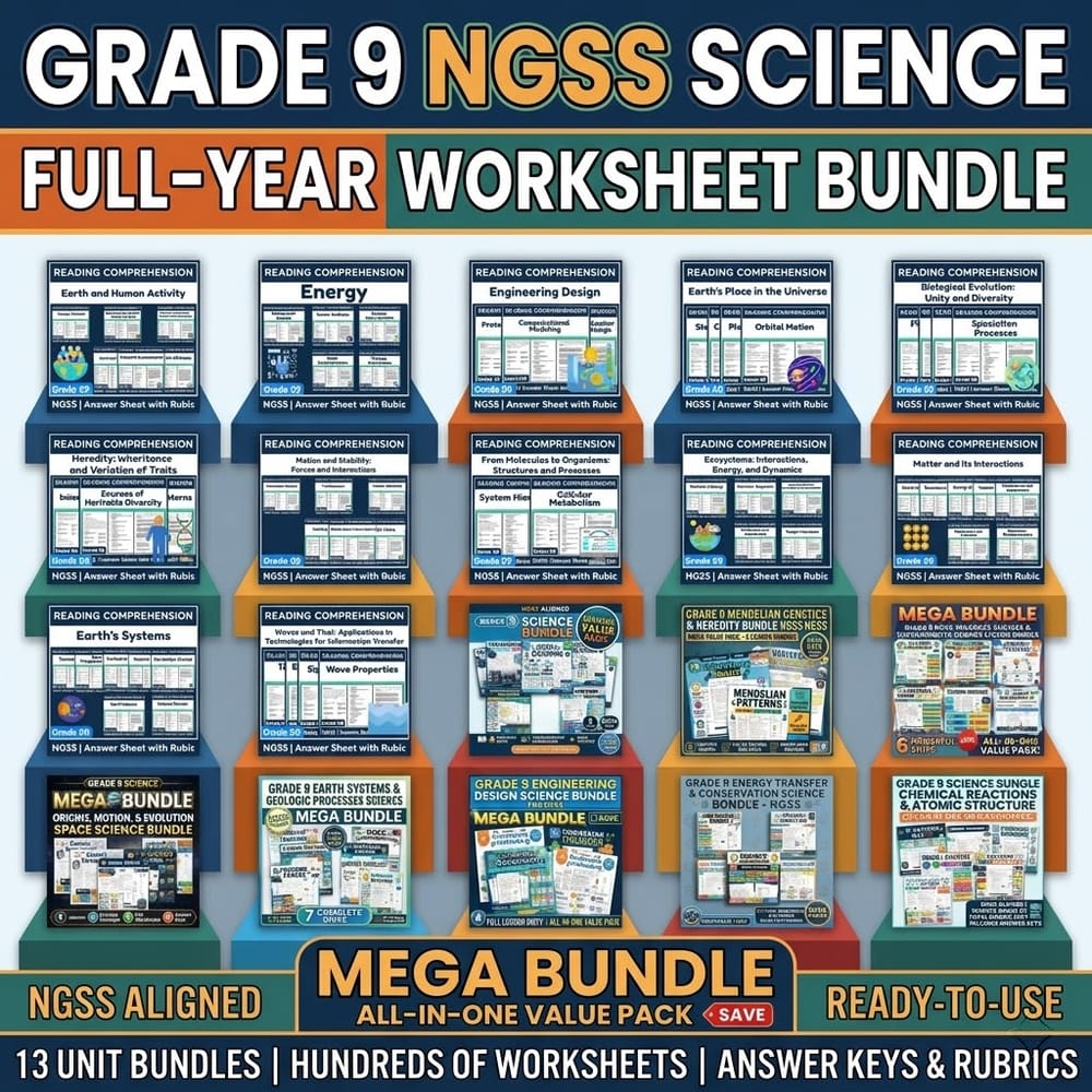 Grade 9 NGSS Science Full-Year Worksheet Bundle for NGSS Practice & Assessment — bundle cover